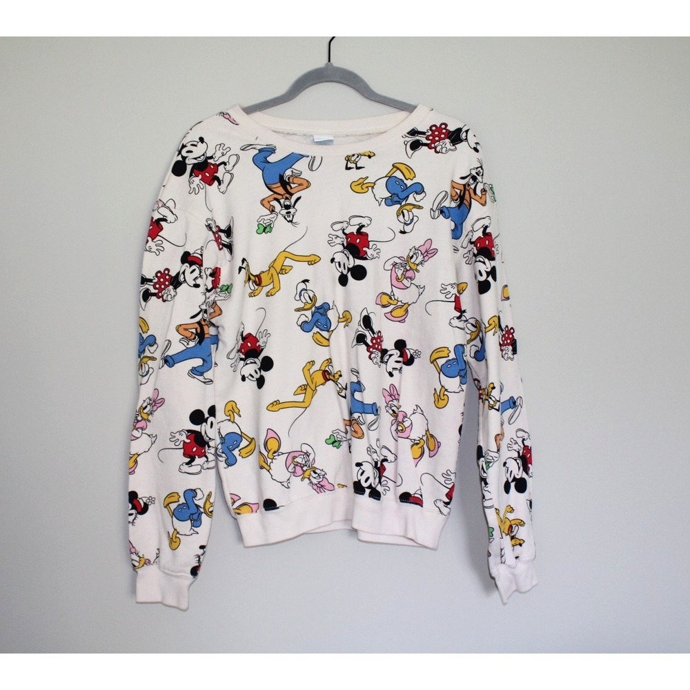 Disney Mickey & Friends Allover Graphic Crewneck Sweatshirt Cream Womens Medium